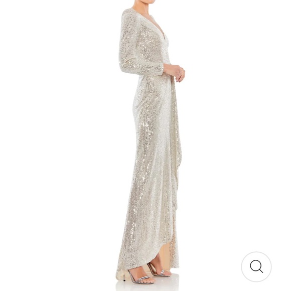MAC DUGGAL SEQUINED FAUX WRAP DRESS IN SILVER. SZ 10 nwt - Picture 3 of 6